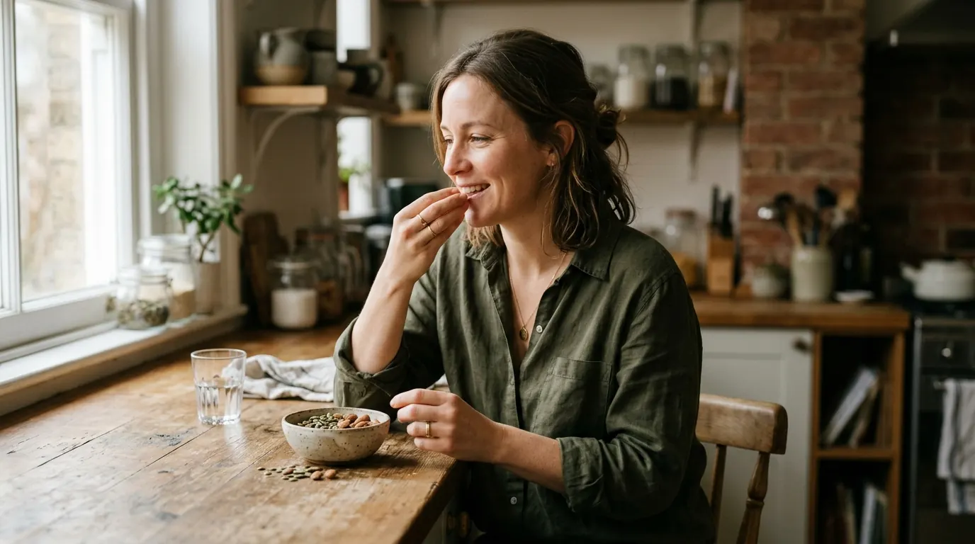 Woman sitting in bed eating a snack